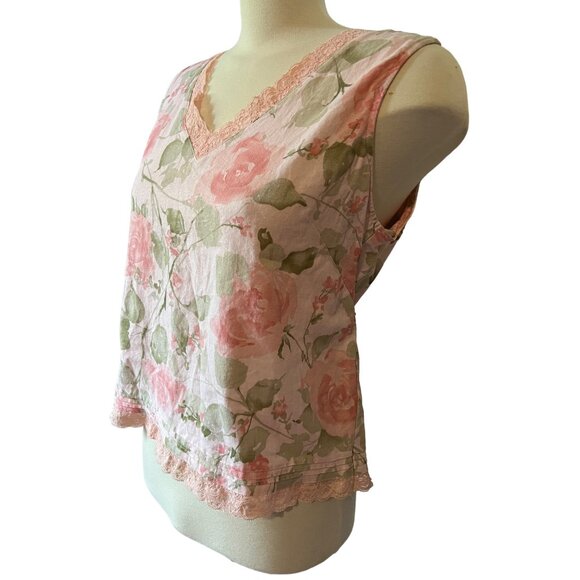 Vintage 90's Norton Studio Linen & Lace Blouse Sz Large Womens Pink Floral Tank - Picture 6 of 8